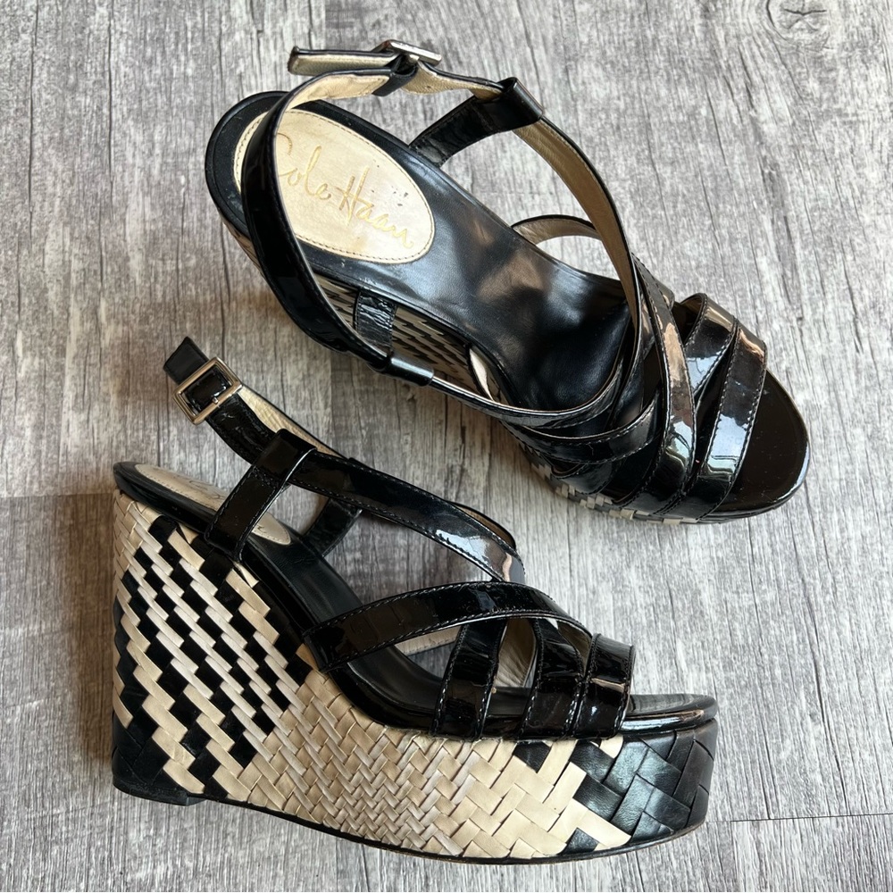 Cole Haan Black Leather Wedge Sandals Woven Platform Women’s Size 6.5